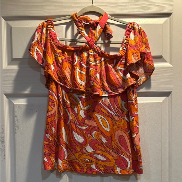 Michael Kors Tops - Michael Kors Pink and Orange Psychedelic Swirl Off Shoulder Halter Top XL